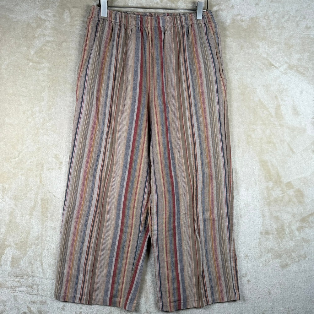Main Street Womens Large Cotton Linen Striped Wide Leg Crop Pants Multi-Color